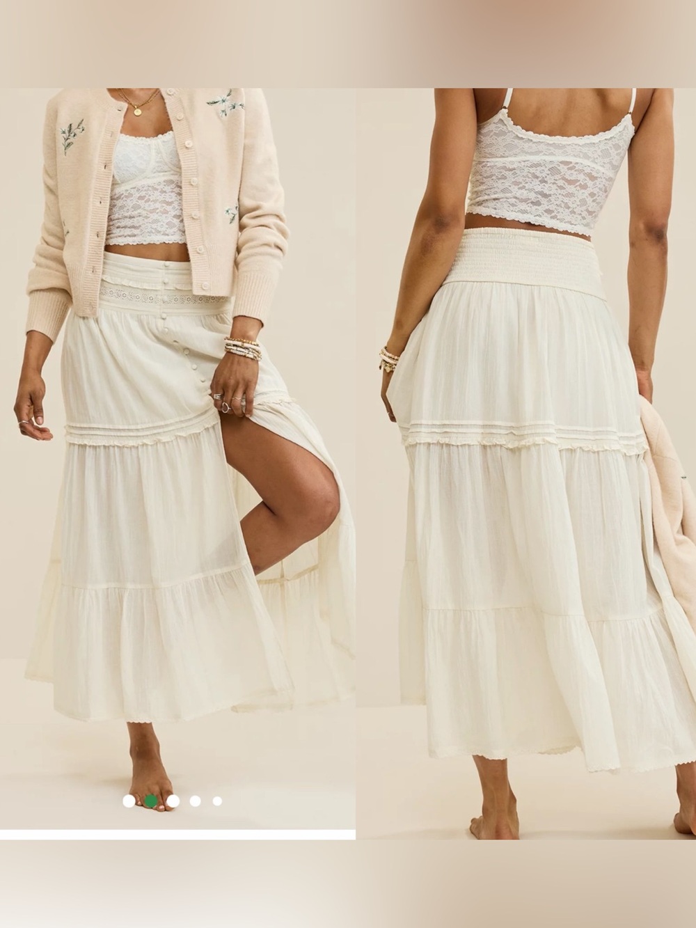 Aerie Boho Button Maxi Skirt White Western Front Slit Medium
